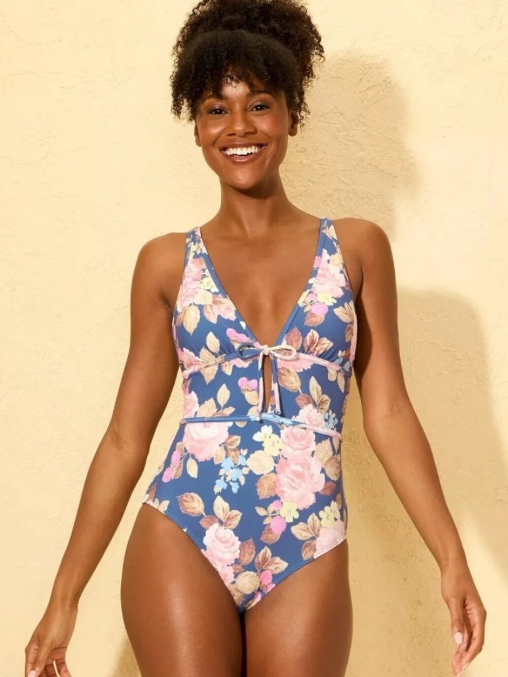 NEW Shade & Shore Floral Print Plunge Tie Detail Cheeky Coverage Swimsuit Size M